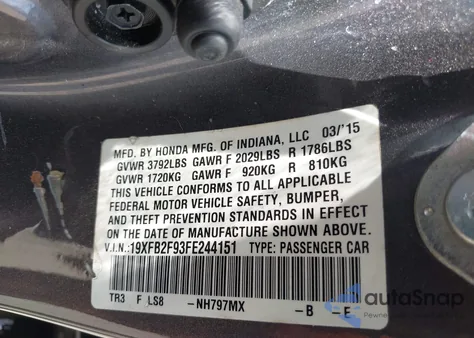 2015 Honda Civic Ex-L from USA, damaged, VIN 19XFB2F93FE244151